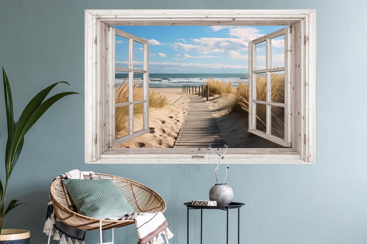 WANDTATTOO Fenster - Meer - Küste - Natur - Ausblick - Strand - Wattenmeer Wandsticker 120x80 cm - Beige, Kunststoff (120/80/0.1cm) - MuchoWow