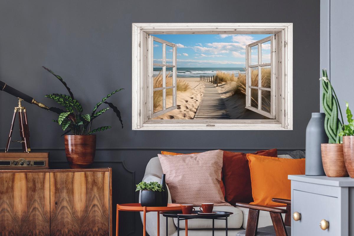 WANDTATTOO Fenster - Meer - Küste - Natur - Ausblick - Strand - Wattenmeer Wandsticker 120x80 cm - Beige, Kunststoff (120/80/0.1cm) - MuchoWow