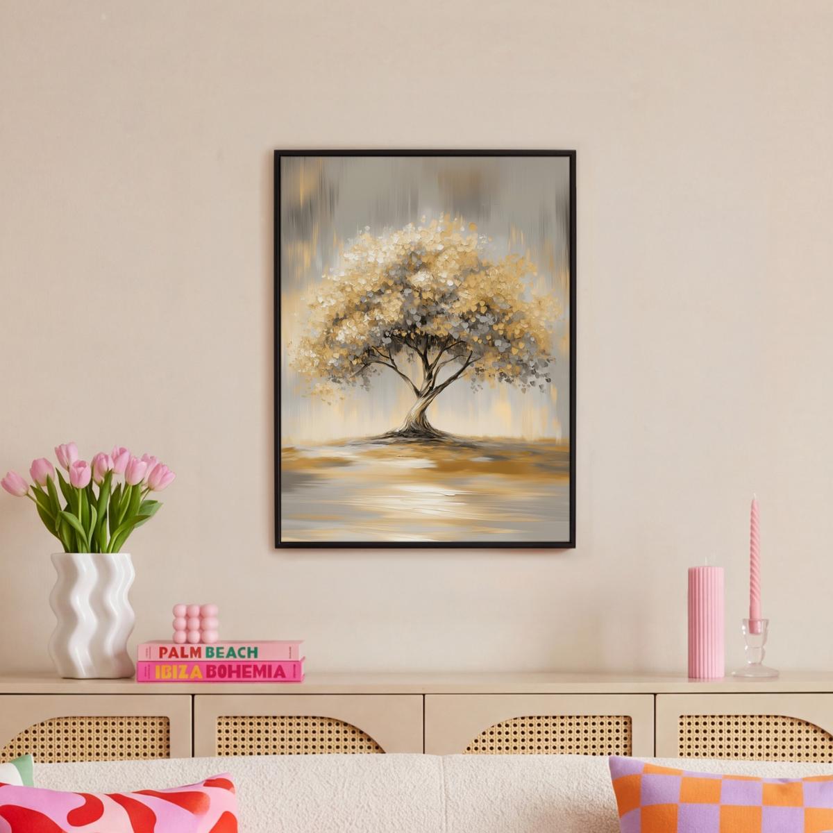 LEINWAND Bilder mit Rahmen - Gemälde - Baum - Abstrakt - Blätter - 50x70 - Beige, Textil (50/70cm) - MuchoWow