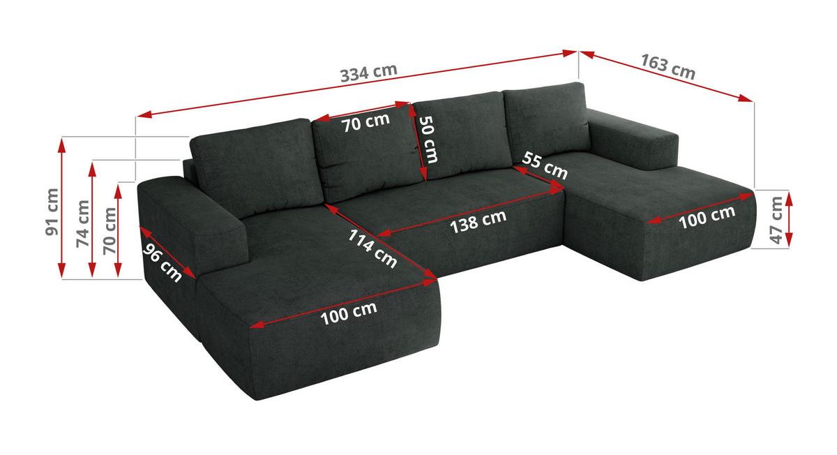 WOHNLANDSCHAFT TRENTINO U Dunkelgrau Struktur - Dunkelgrau/Schwarz, Kunststoff/Textil (334/91/163cm) - MKS