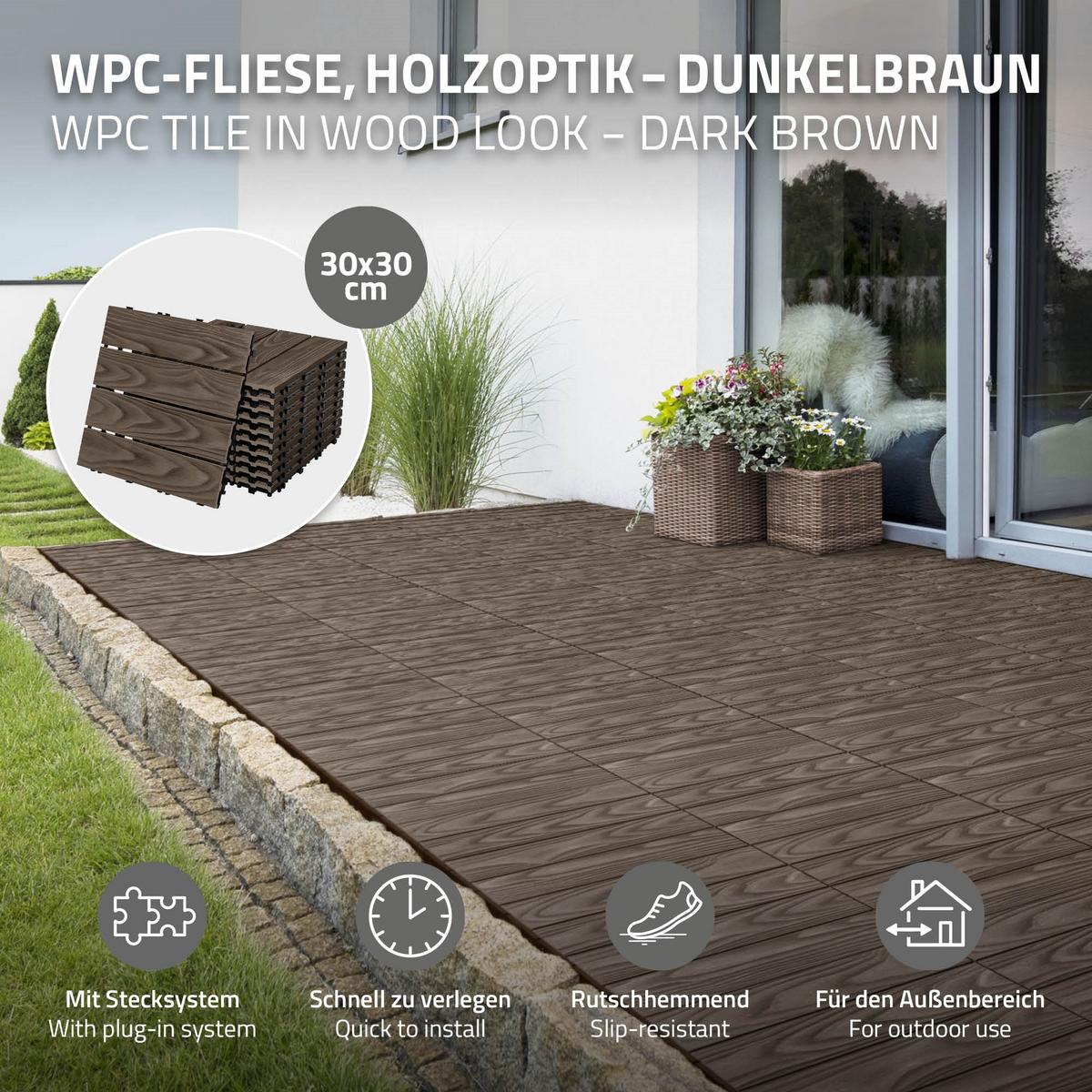 TERRASSENFLIESE Dunkelbraun 44 Stück - Dunkelbraun, Holzwerkstoff (30/30/2cm) - ML-DESIGN