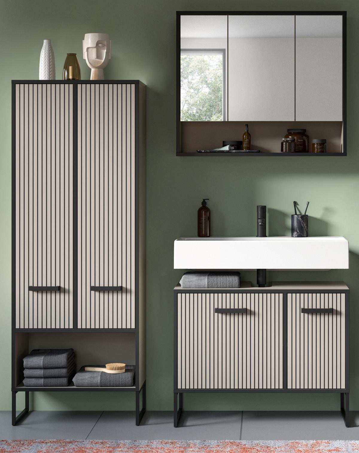 BADMÖBEL-SET 3-teilig Scana in schwarz, sand 154 cm, Kombination mit Soft-Close - Sandfarben/Schwarz, Glas/Holzwerkstoff (154/192/36cm) - Inn.Furn