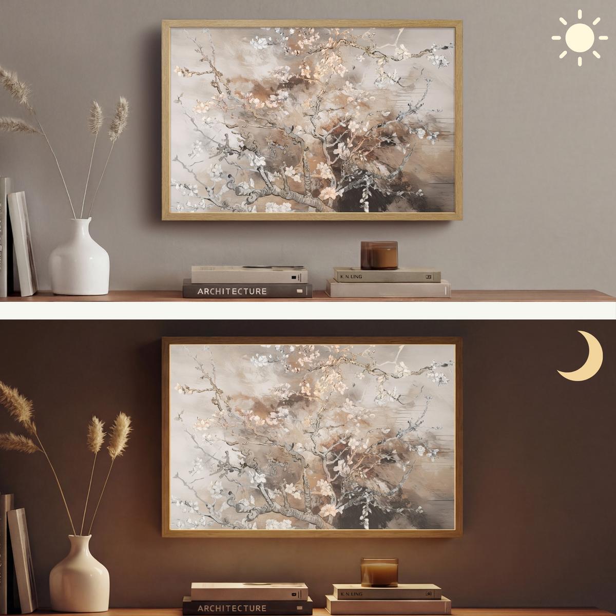 WANDLEUCHTE MIT AKKU Mandelblüte - Kunst - Van Gogh - Beige - Abstrakt 60x40 cm - Graubraun, Holzwerkstoff (60/40/8cm) - OnlyWow