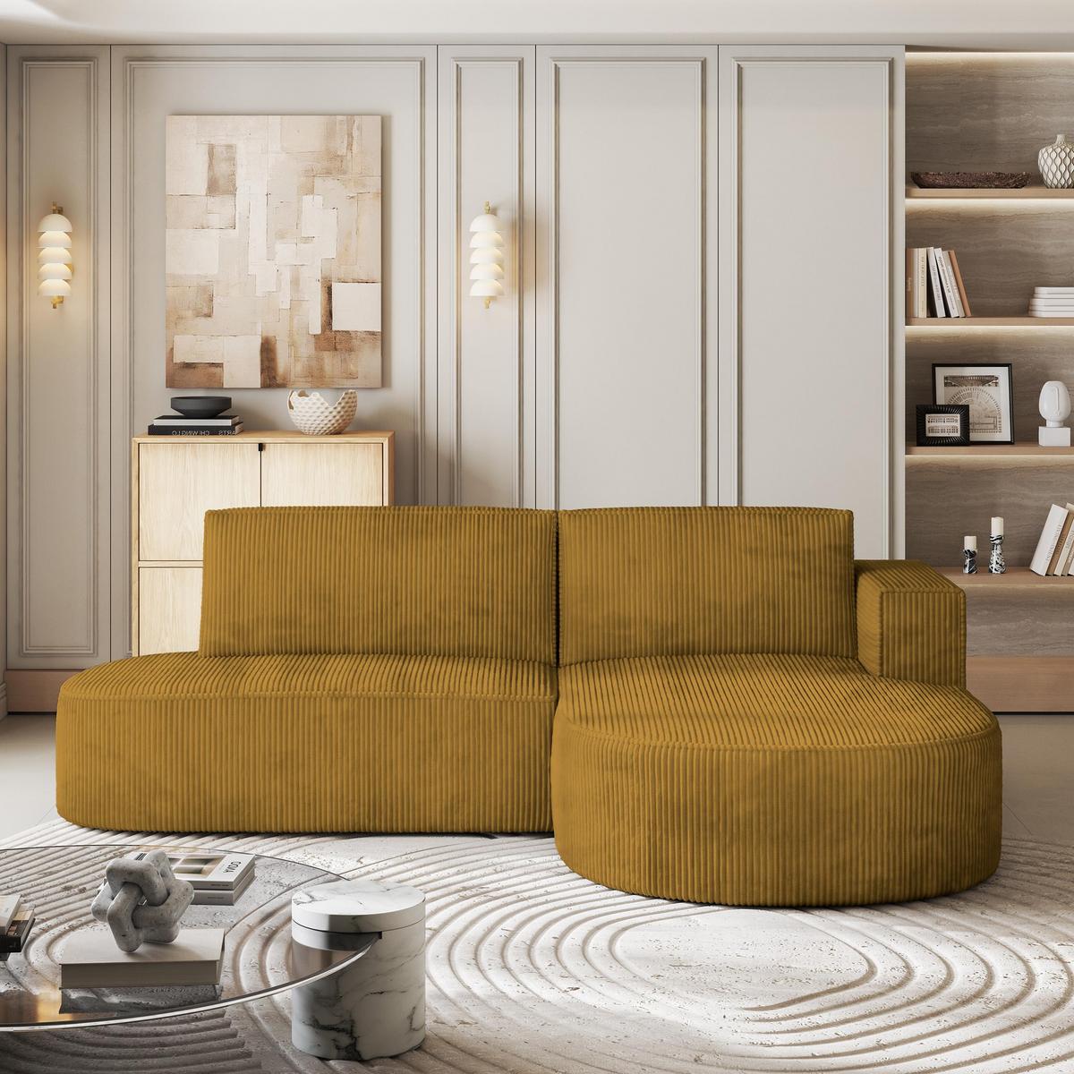 ECKSOFA CORTIO P R-S Gelb Kordstoff mit Schlaffunktion - Gelb, Holz (265/174cm) - MASSENO