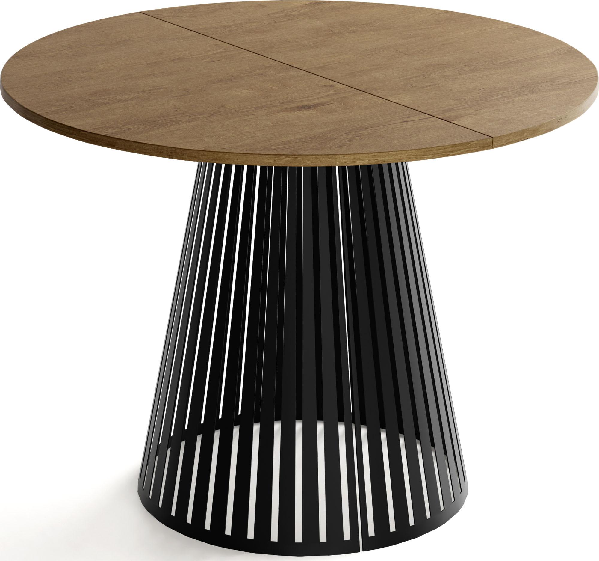 ESSTISCH Naro rund ausziehbar mit Schwarzem Lamellen-Metallgestell, Braun 120-200/120/76 cm - Alteiche/Schwarz, Holzwerkstoff/Metall (120/196/76cm) - WFL GROUP