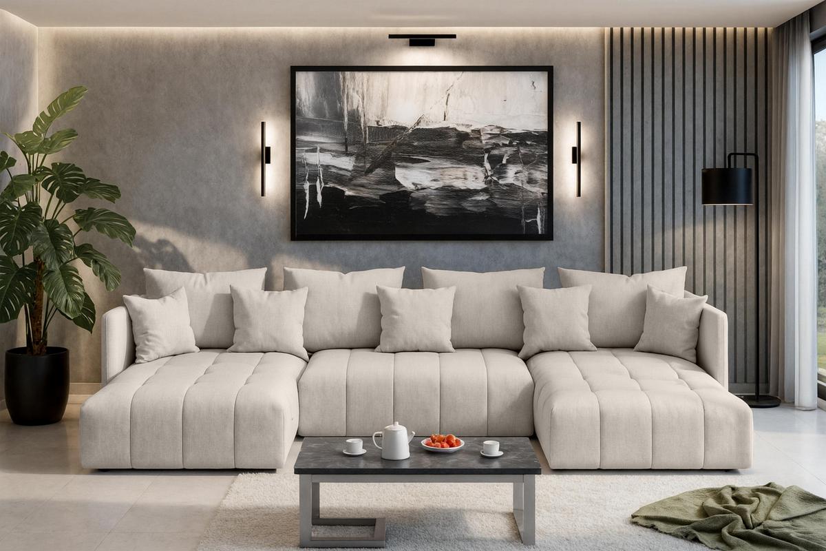 WOHNLANDSCHAFT Mersino Beige 353/180/83 cm – Wohnlandschaft fürs Wohnzimmer - Beige/Schwarz, Kunststoff/Textil (353/83/180cm) - AX Living