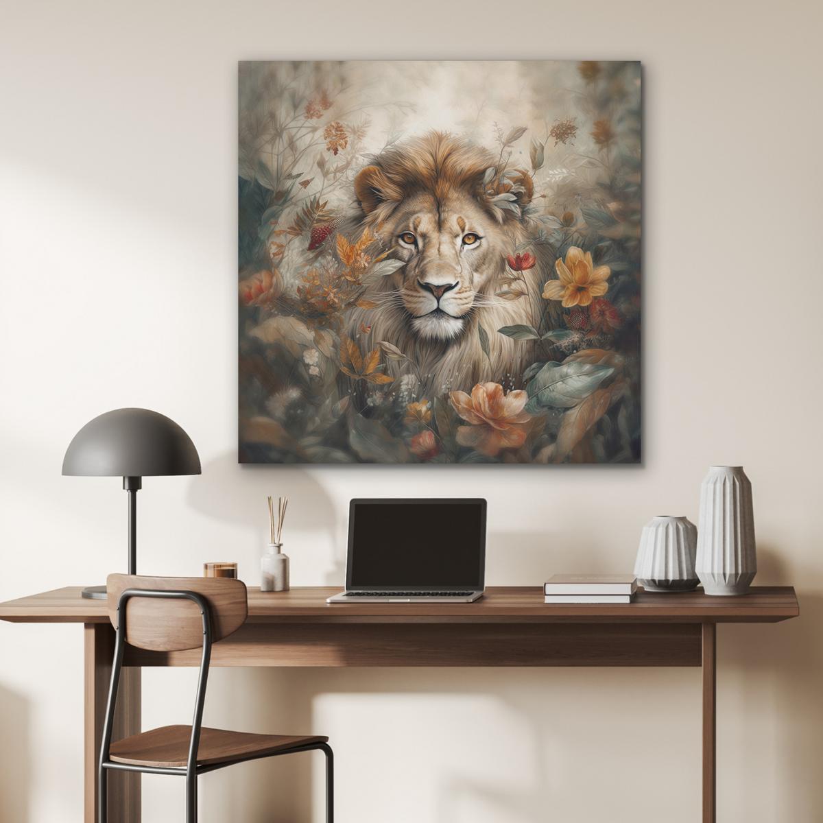 AKUSTIKBILD Löwe - Wildtiere - Pflanzen - Natur - Blumen Akustikpaneele 90x90 cm - Beige, Kunststoff (90/90/0.9cm) - MuchoWow
