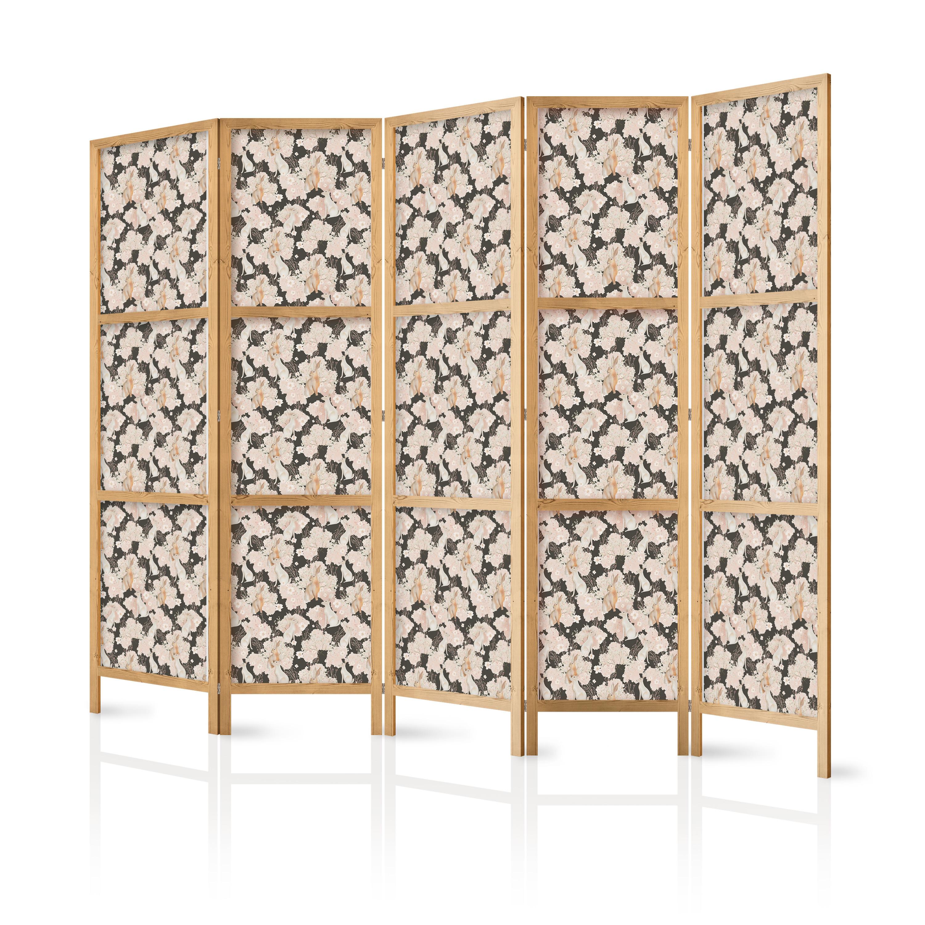 PARAVENT Japanischer 5-tlg 225x172 cm Hasen und Blumen - Multicolor, Holz/Textil (225/172/3cm) - Muralo