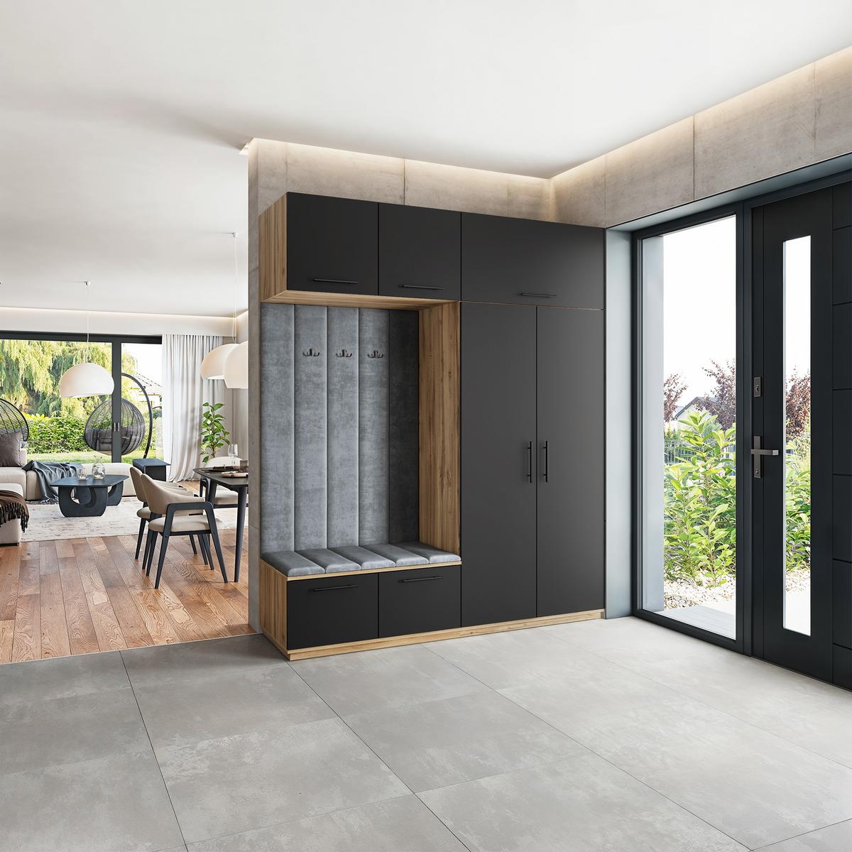 GARDEROBENSCHRANK REMA 200/240/60 cm Modern Garderobe-Set Eiche Wotan - Eiche Wotan/Schwarz, Holzwerkstoff (200/240/60cm) - MASSENO