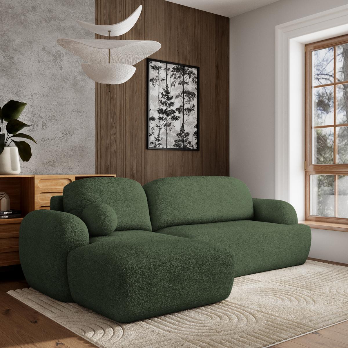 ECKSOFA MODENZA N L-S Grün Boucle-Stoff mit Schlaffunktion - Schwarz/Grün, Holz/Kunststoff (266/148cm) - MASSENO