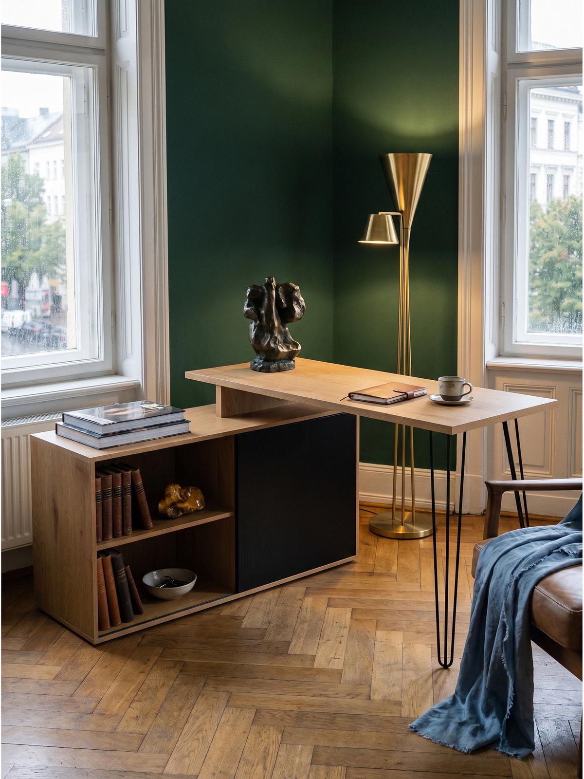 SCHREIBTISCH BRADANO, MDF, mit Ablagen, Eiche-Schwarz, 130 x 110 x 74,5 cm - Schwarz/Braun, Holzwerkstoff/Metall (110/130/74.5cm) - KADIMA DESIGN