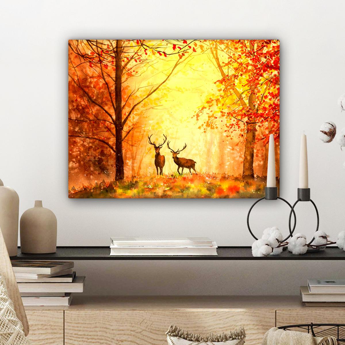 LEINWANDBILD Natur - Ölfarbe - Hirsche - Tiere - Herbst - Orange Wandbild 40x30 cm - Orange, Textil (40/30cm) - MuchoWow