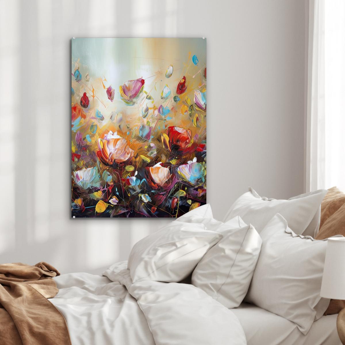 ACRYLGLASBILD Blumen - Kunst - Natur - Ölgemälde 60x80 cm - Multicolor, Glas (60/80cm) - MuchoWow