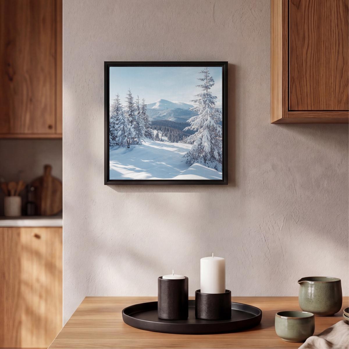 LEINWAND Bilder mit Rahmen - Winterlandschaft - Natur - Berge - Bäume - Schnee - 20x20 - Hellblau, Textil (20/20cm) - MuchoWow