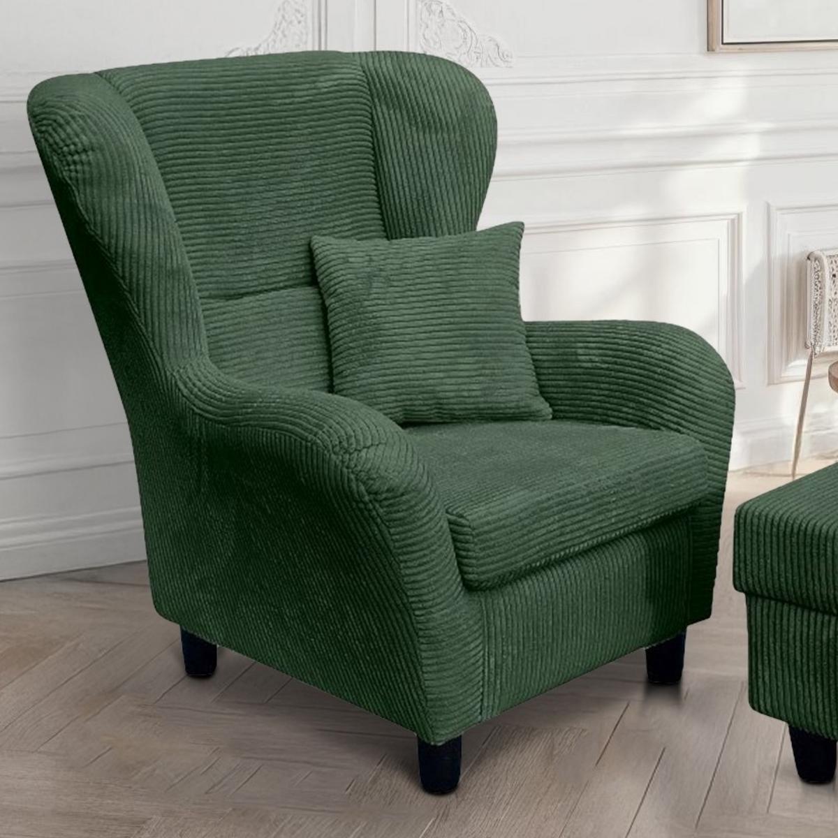 OHRENSESSEL mit HOCKER, hoher Sitzkomfort durch Wellenunterfederung B90/H98/T76 cm, Cord Grün / 18018 - Schwarz/Grün, Holz/Textil (90/98/76cm) - luma-home