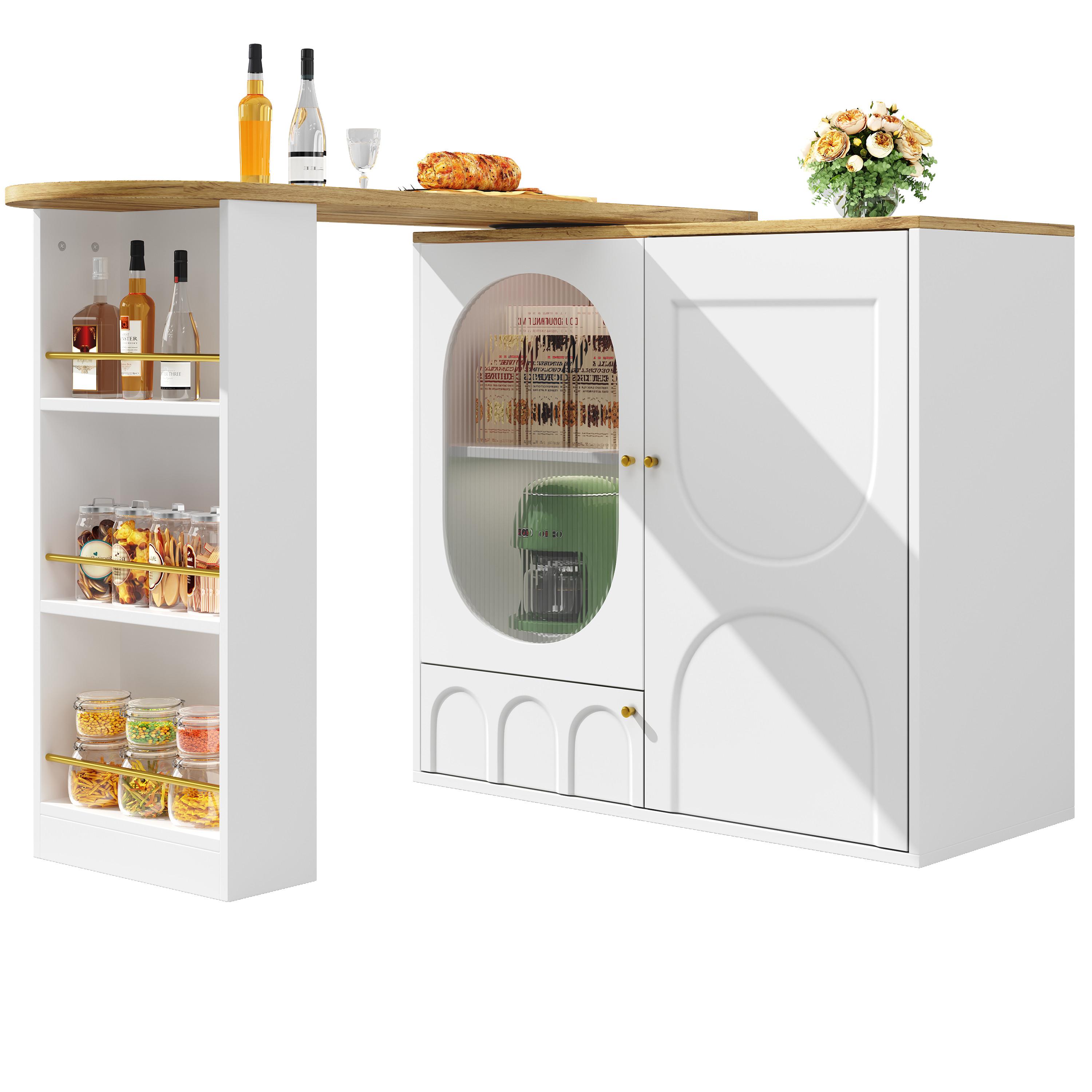 BARTISCH mit Stauraum Weiß Holzoptik 204 cm drehbar - Weiß, Glas/Holzwerkstoff (73/138/93cm) - Urban Meuble