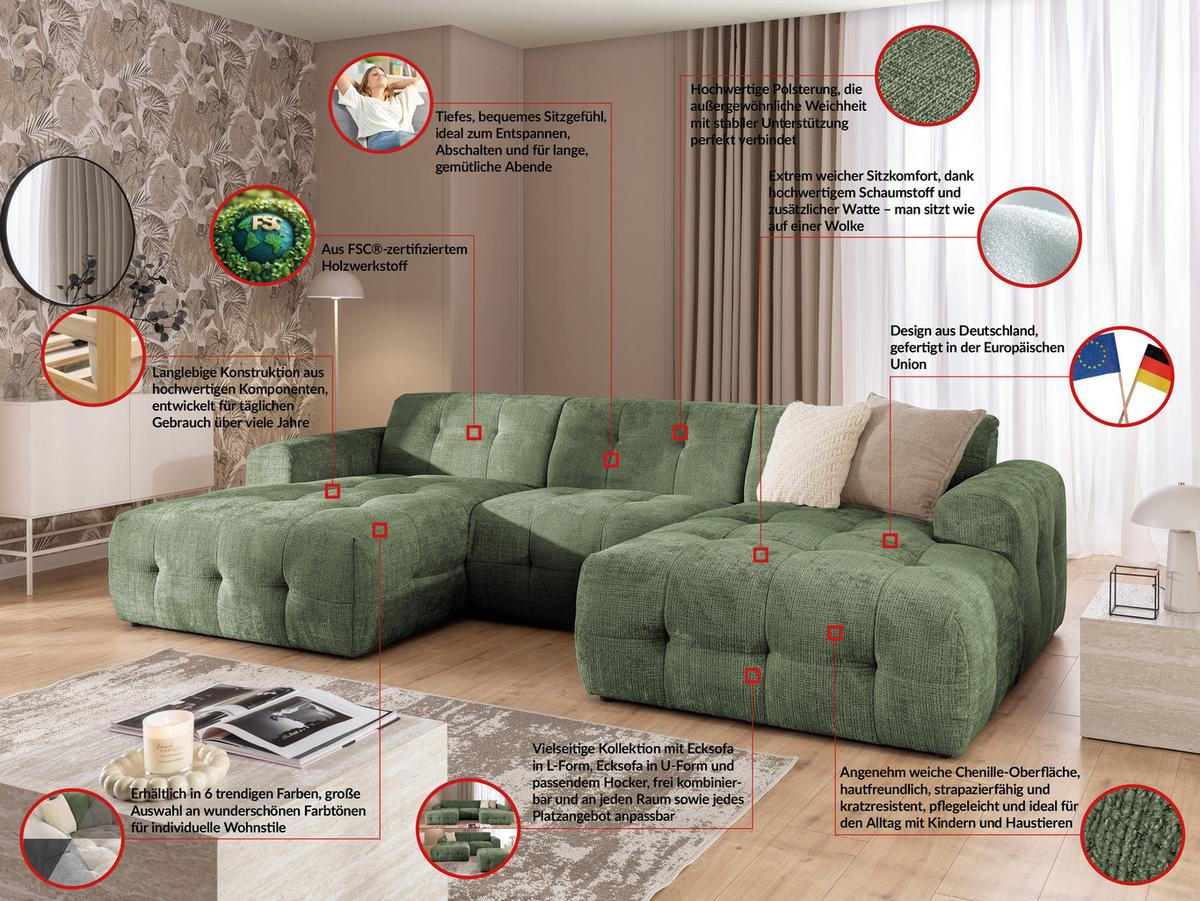 WOHNLANDSCHAFT inkl. Hocker Kozy im Bumpy-Design mit Schlaffunktion und fester Rückenlehne aus weichem Grün Chenille-Stoff - Schwarz/Grün, Holz/Kunststoff (323/79/161cm) - S-Style
