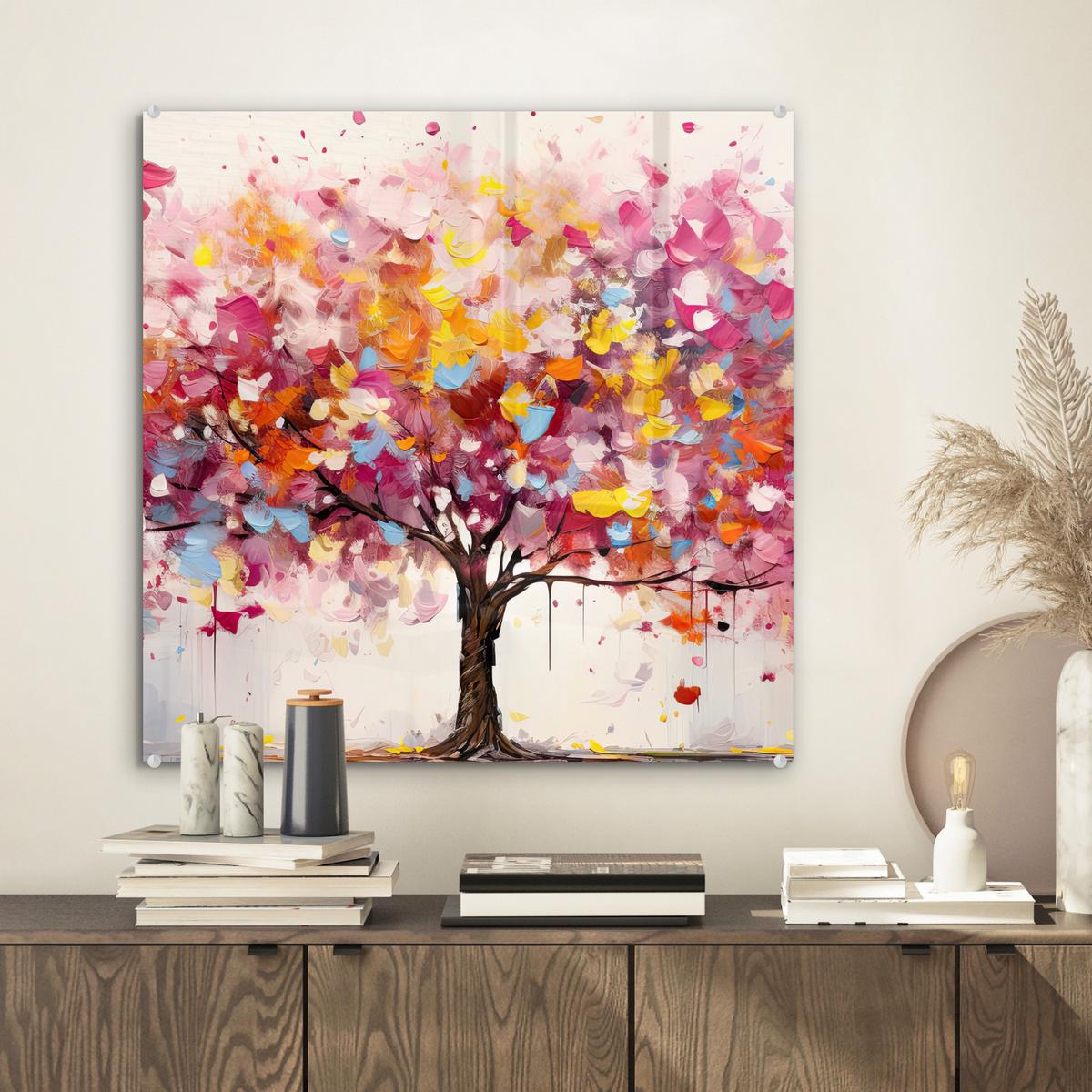ACRYLGLASBILD Aquarell - Baum - Kunst - Abstrakt 50x50 cm - Multicolor, Glas (50/50cm) - MuchoWow