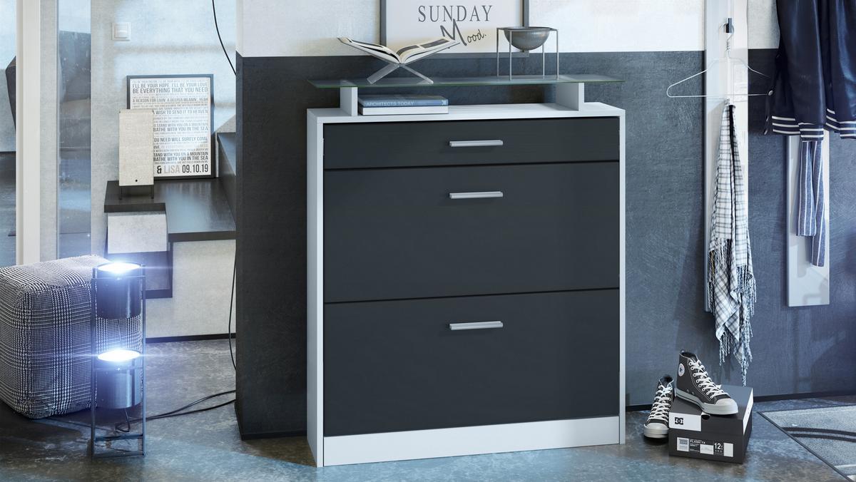 SCHUHSCHRANK Loret Front in Schwarz matt - Schwarz, Holzwerkstoff (89/104/23cm) - Vladon