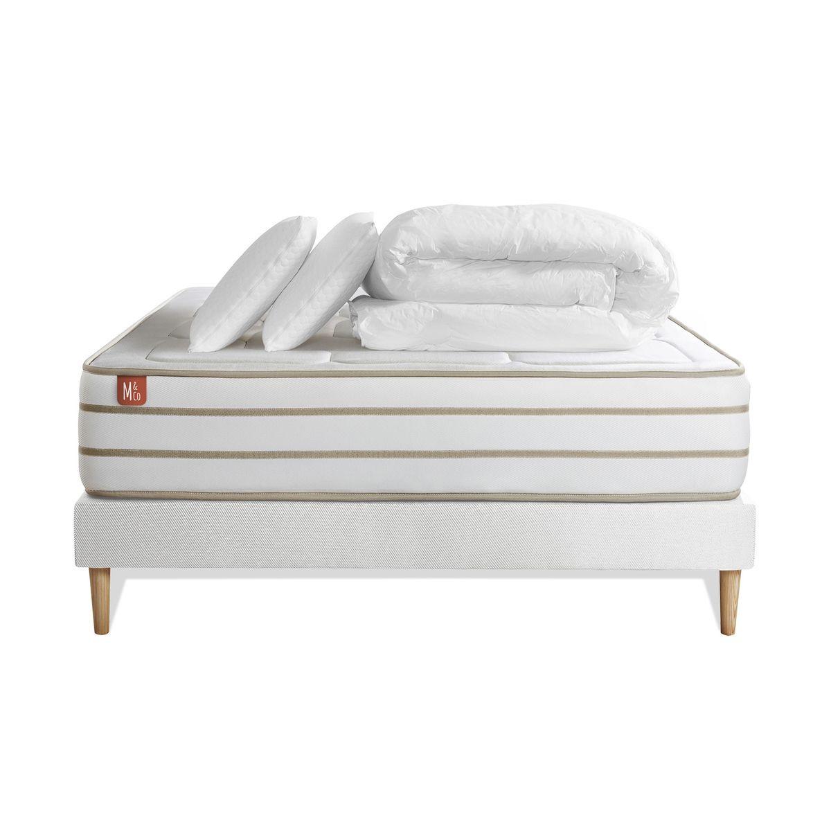 BETT Le Douillet Memory-Schaum 160 x 200 cm h1 - Kit Bettgestell Weiß - Mit Kissen und Bettdecke - Beige/Weiß, Karton/Holz (160/200cm) - Marmottes & Co