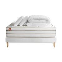BETT Le Douillet Memory-Schaum 160 x 200 cm h1 - Kit Bettgestell Weiß - Mit Kissen und Bettdecke - Beige/Weiß, Karton/Holz (160/200cm) - Marmottes & Co