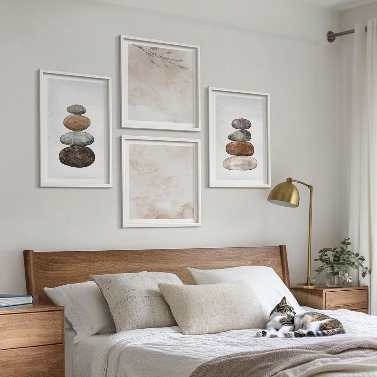 BILDER SET 4er Set - 50x50 cm & 40x60 cm Weißer Rahmen - Steinstapel-Boho-Malerei - Weiß, Kunststoff (50/50cm) - TULUP
