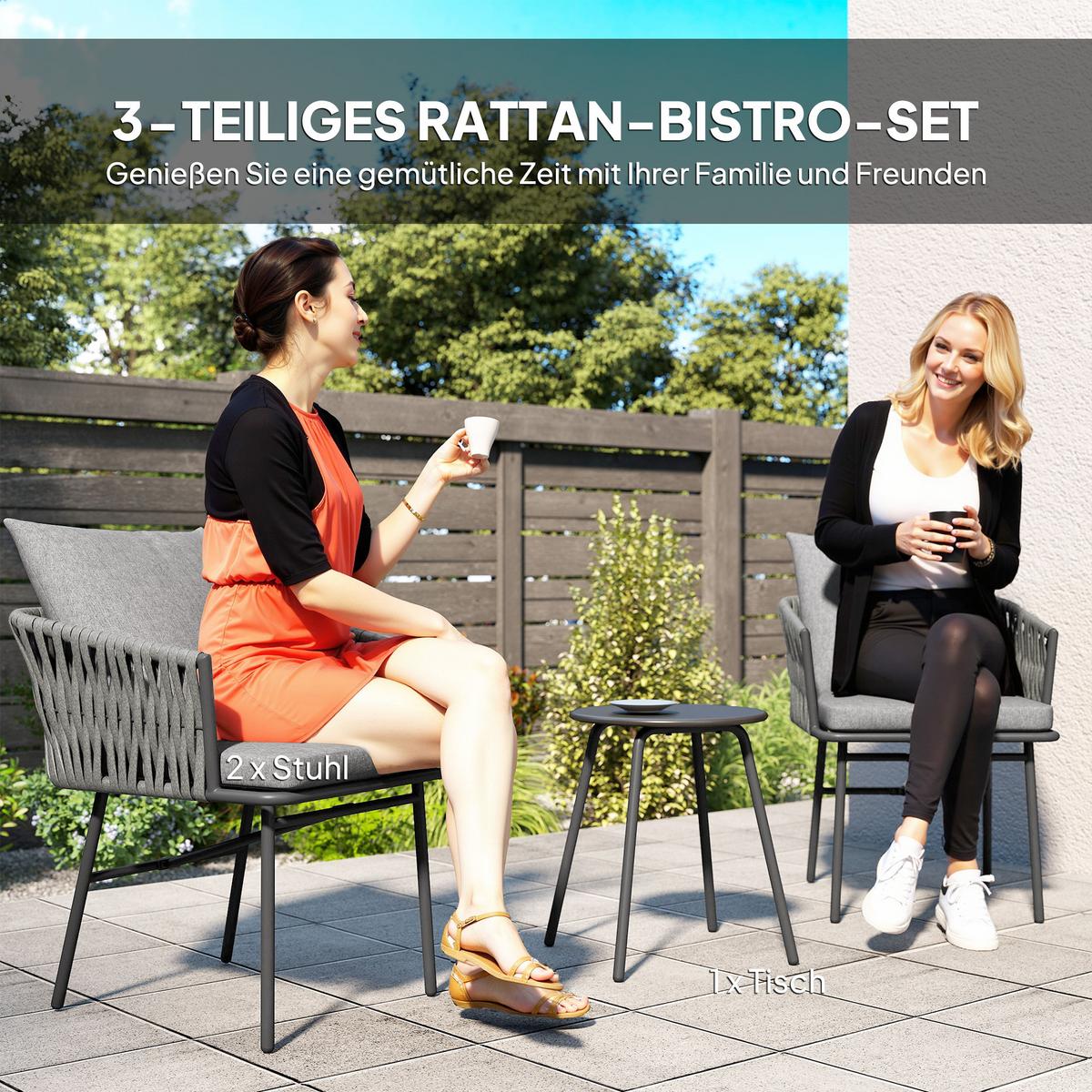 RATTAN-BISTROSET 3er Set Stahl PE-Rattan Grau - Grau, Textil/Metall - Outsunny