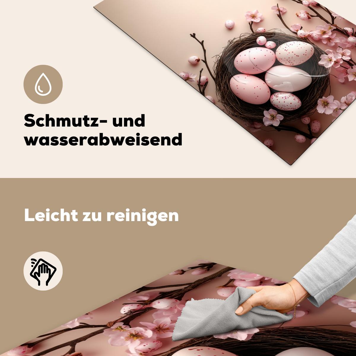 HERDABDECKPLATTE Rosa - Blüten - Eier Induktionsschutz 91.6x52.7 cm - Hellrosa, Kunststoff (91.6/52.7/0.2cm) - MuchoWow