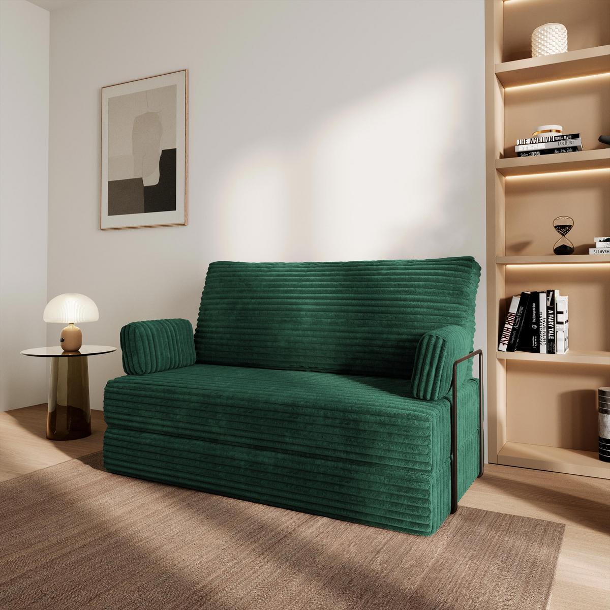 BETTSOFA LADIA aus Schaumstoff Kordstoff Grün Schlaffunktion - Grün, Textil (140/86/60cm) - MASSENO