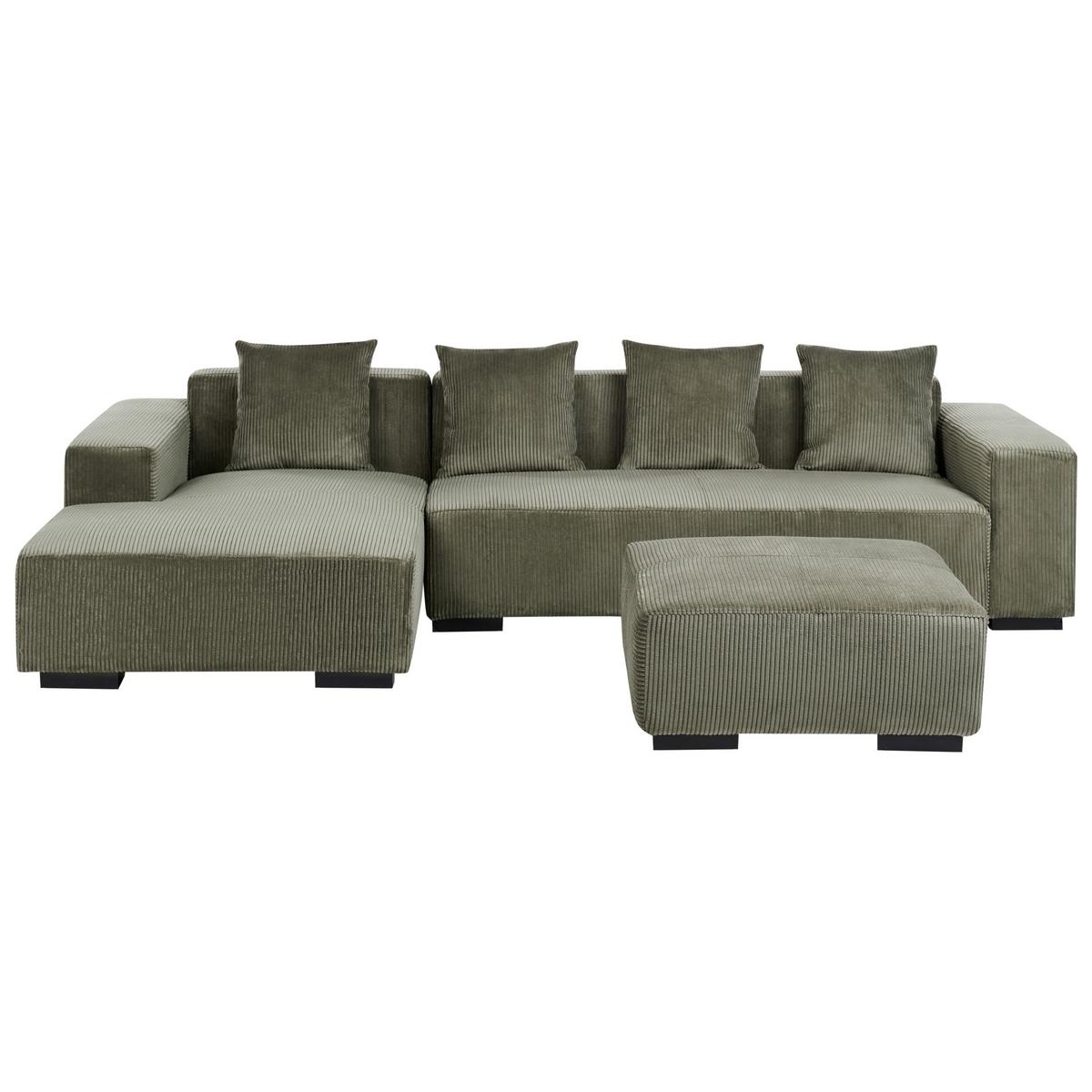 ECKSOFA 4-Sitzer Cord Grün mit Ottomane rechtsseitig Lungo - Schwarz/Grün, Textil (285/160cm) - Beliani