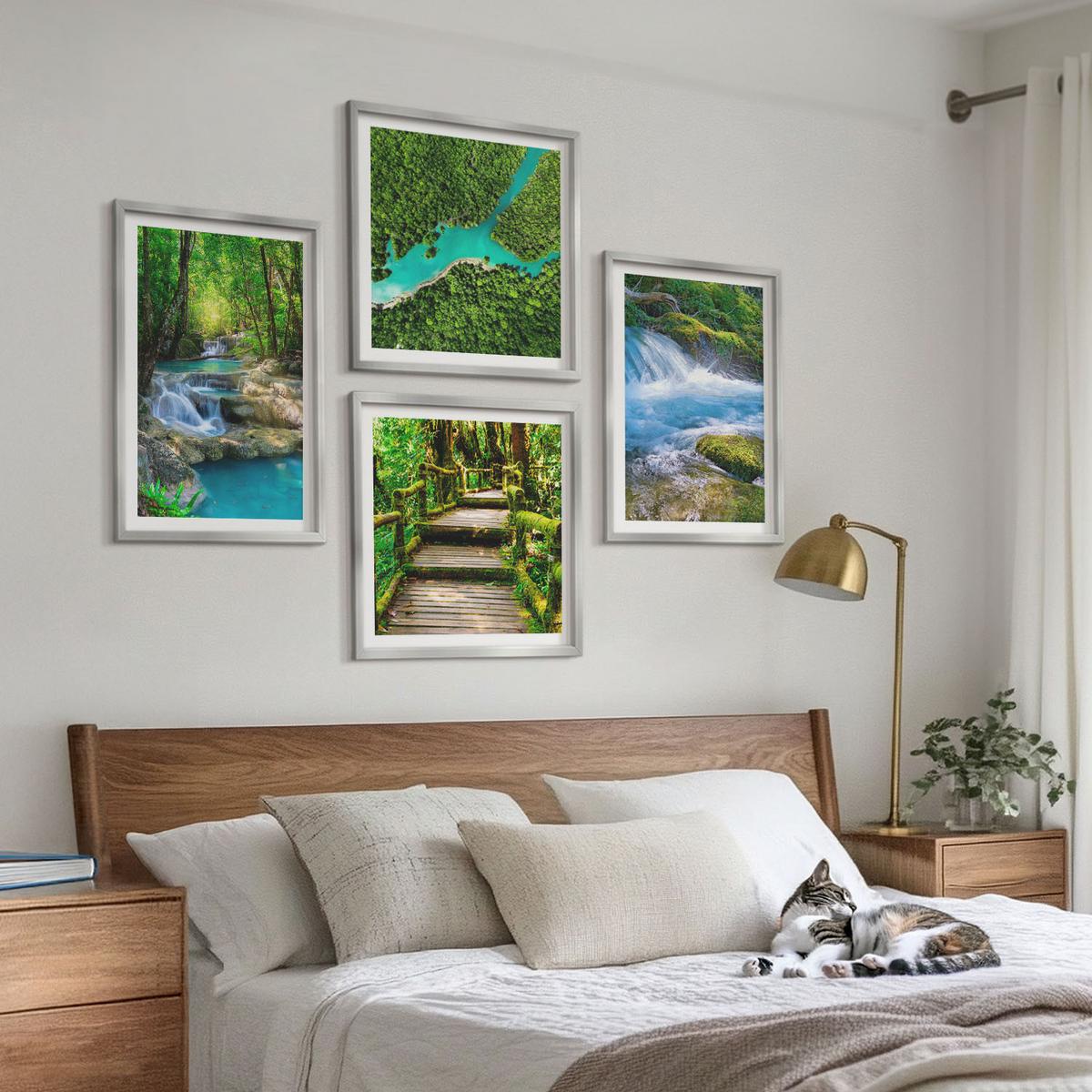 BILDER SET 4er Set - 50x50 cm & 40x60 cm Silberner Rahmen - Grüne Wälder, kristallklares Wasser - Silberfarben, Kunststoff (50/50cm) - TULUP