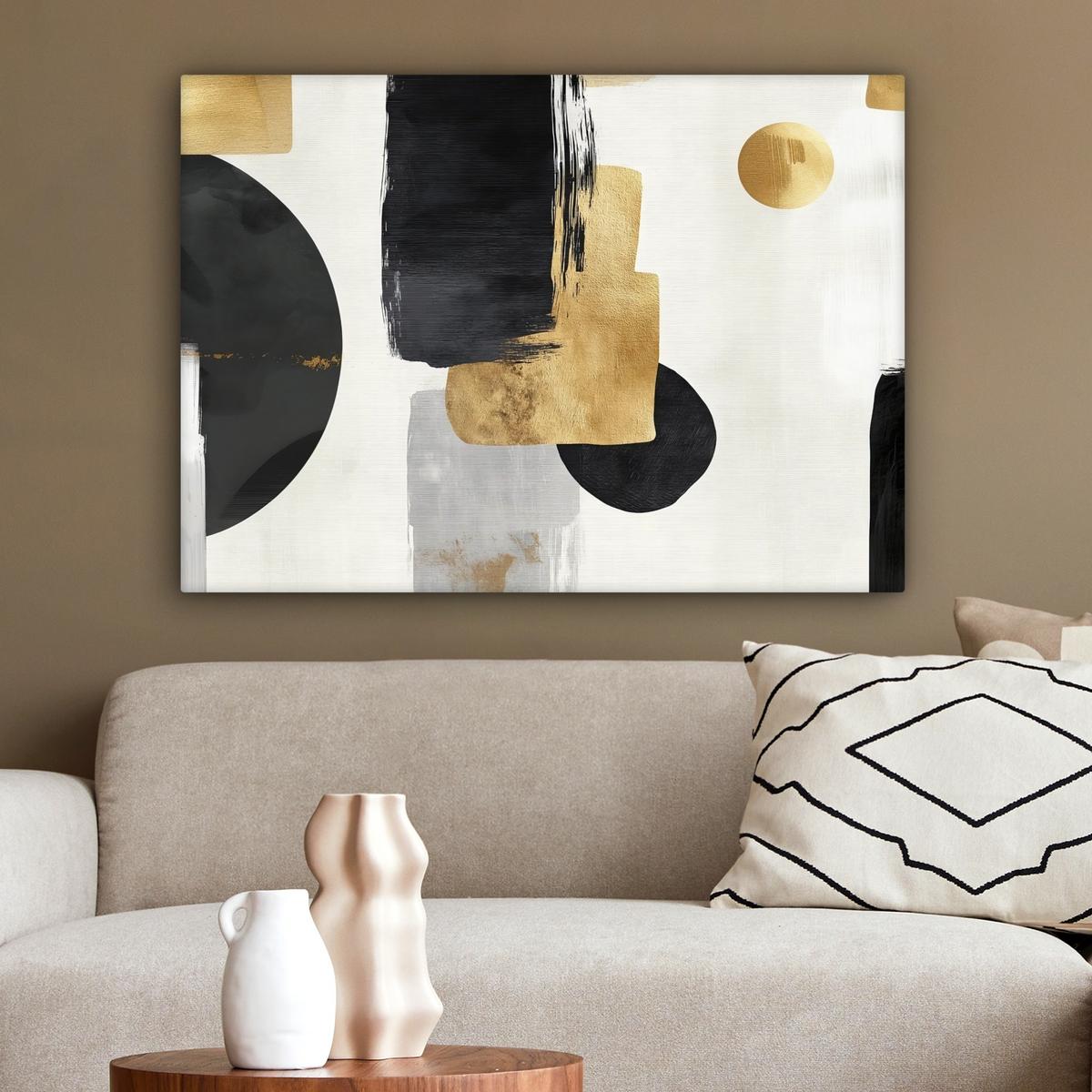 LEINWANDBILD Gold - Rechtecke - Kreise - Abstrakt Wandbilder 80x60 cm - Weiß, Textil (80/60cm) - MuchoWow