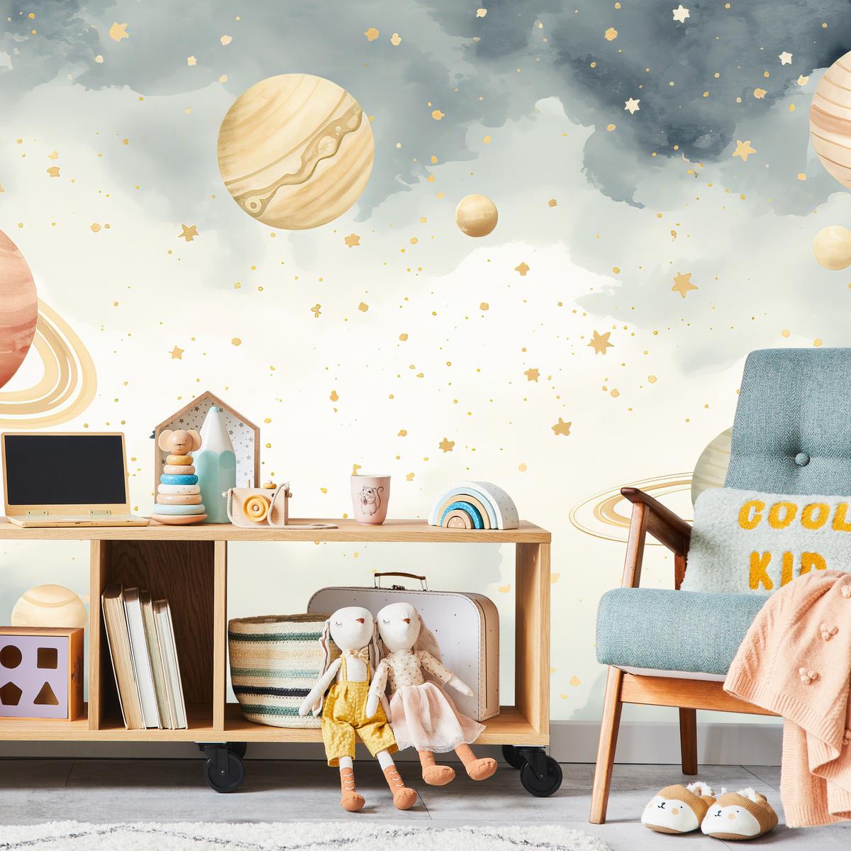 FOTOTAPETE für Kinderzimmer Pastell Planeten Saturn Uran Sterne 100x70 - Blau/Ecru, Papier (100/70cm) - Muralo