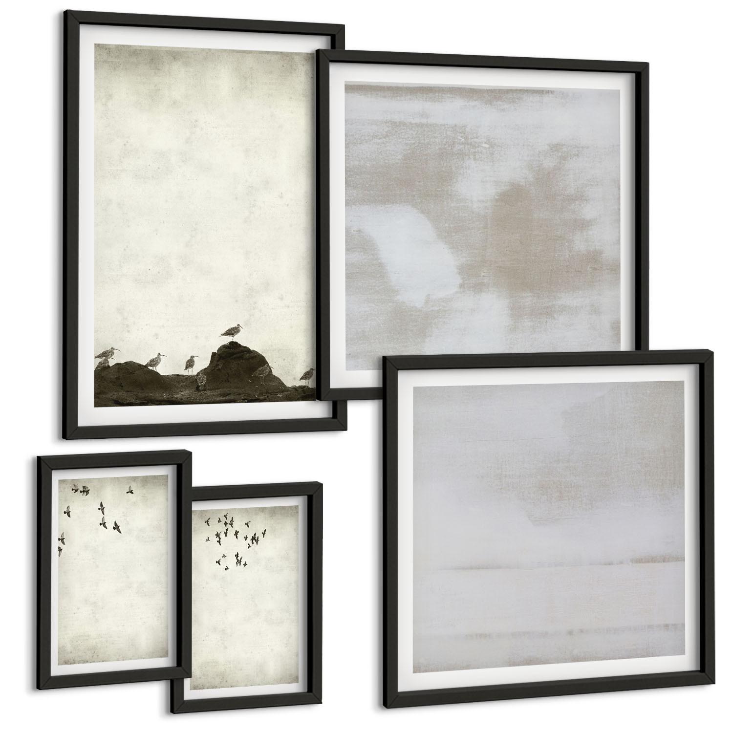 BILDER SET 5er Set - 50x50 cm & 20x30 cm & 40x60 cm Schwarzer Rahmen - Textur eines Vogelschwarms - Schwarz, Kunststoff (40/60cm) - TULUP