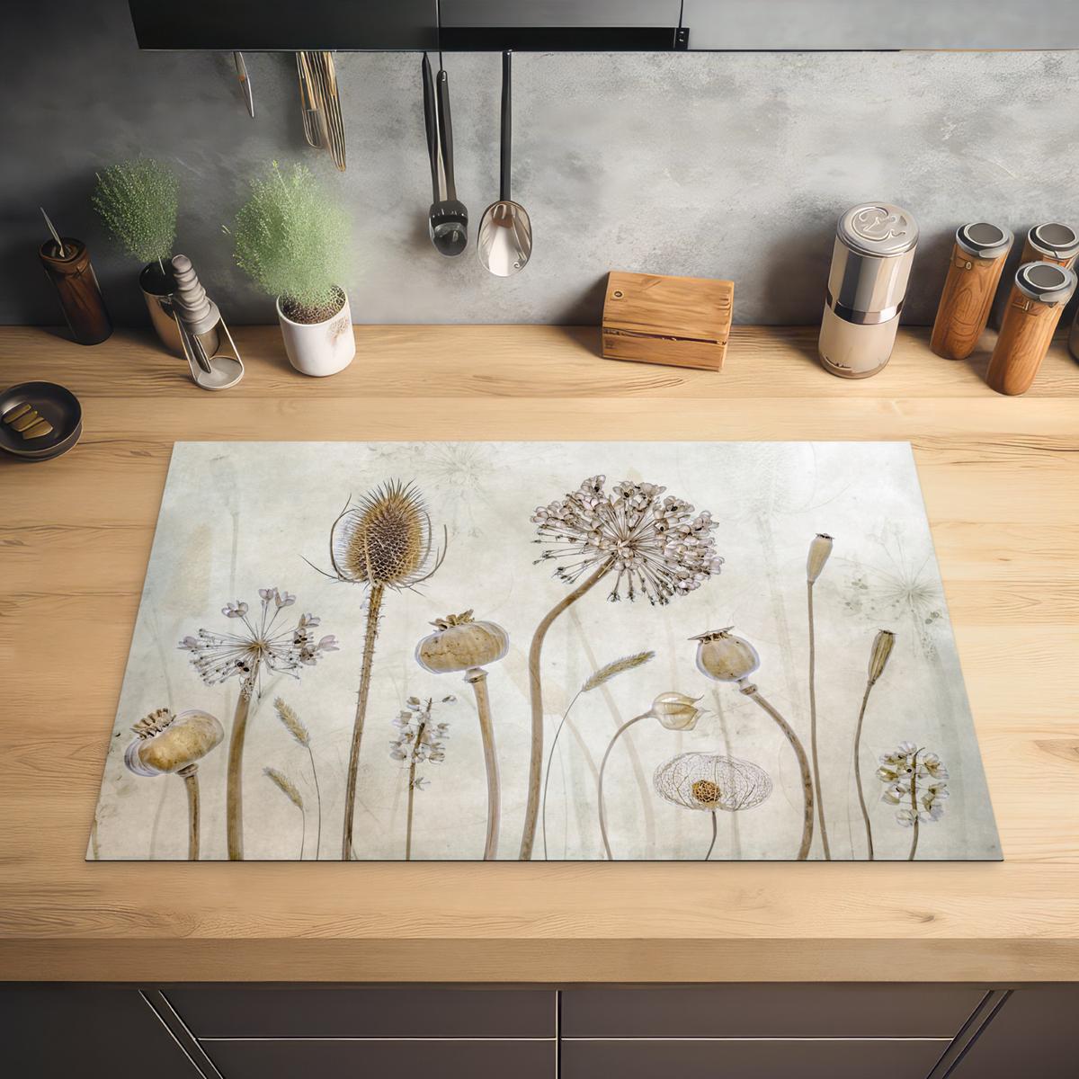 HERDABDECKPLATTE Blumen - Aquarell - Stilleben - Braun - Vintage Induktionsschutz 80x52.2 cm - Sandfarben, Kunststoff (80.2/52.2/0.2cm) - MuchoWow