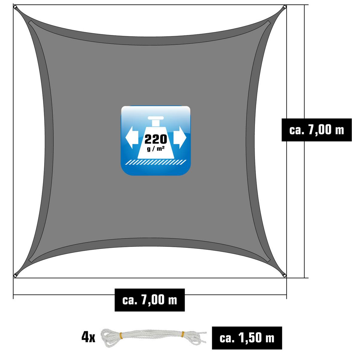 UV-SONNENSEGEL 7/7 m, Viereckig, Wasserdurchlässig, Grau - Grau, Kunststoff (700/700cm) - Amanka
