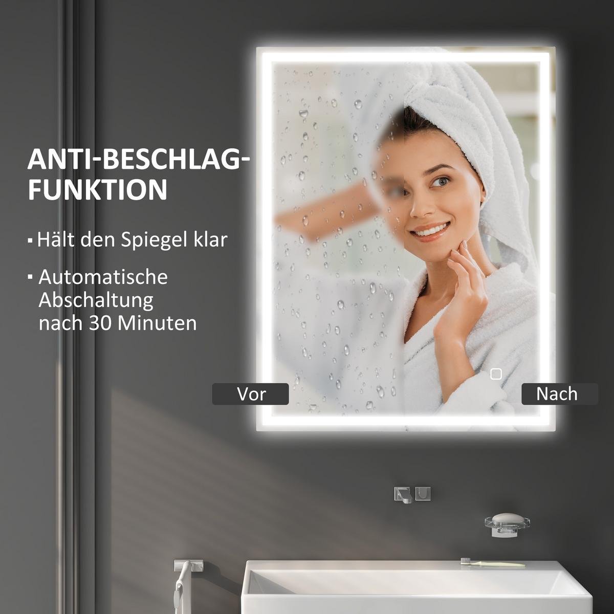 BADSPIEGEL mit Beleuchtung 90x70 cm LED Spiegel Wandspiegel mit Memory-Funktion - Silberfarben, Glas (70/4/90cm) - HOMCOM