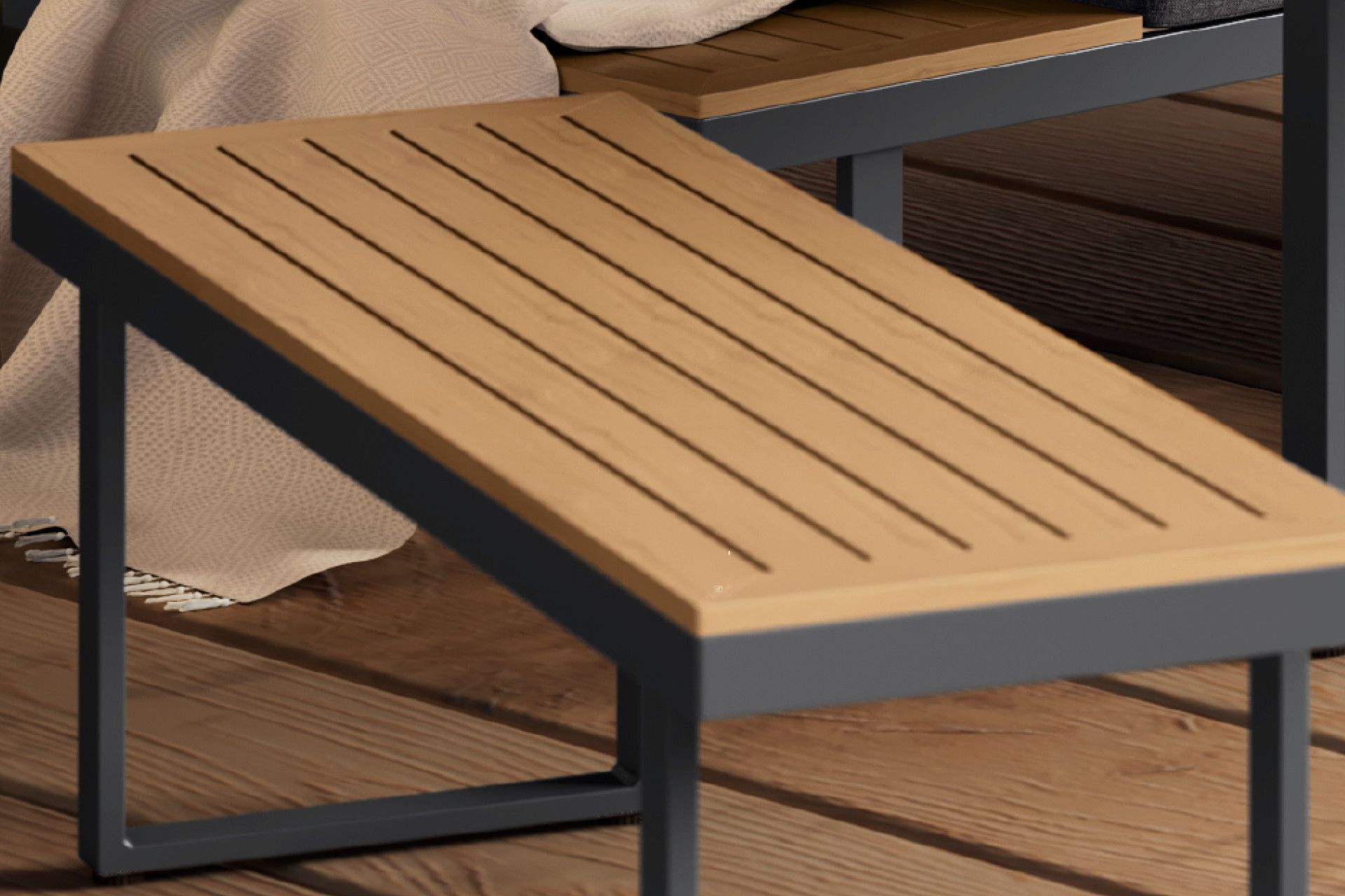 Loungegarnitur Sitzbank Sitzfläche Naturfarbe matt Holzoptik Lamellen Kunststoff Gestell grau Aluminium Stahl pulverbeschichtet