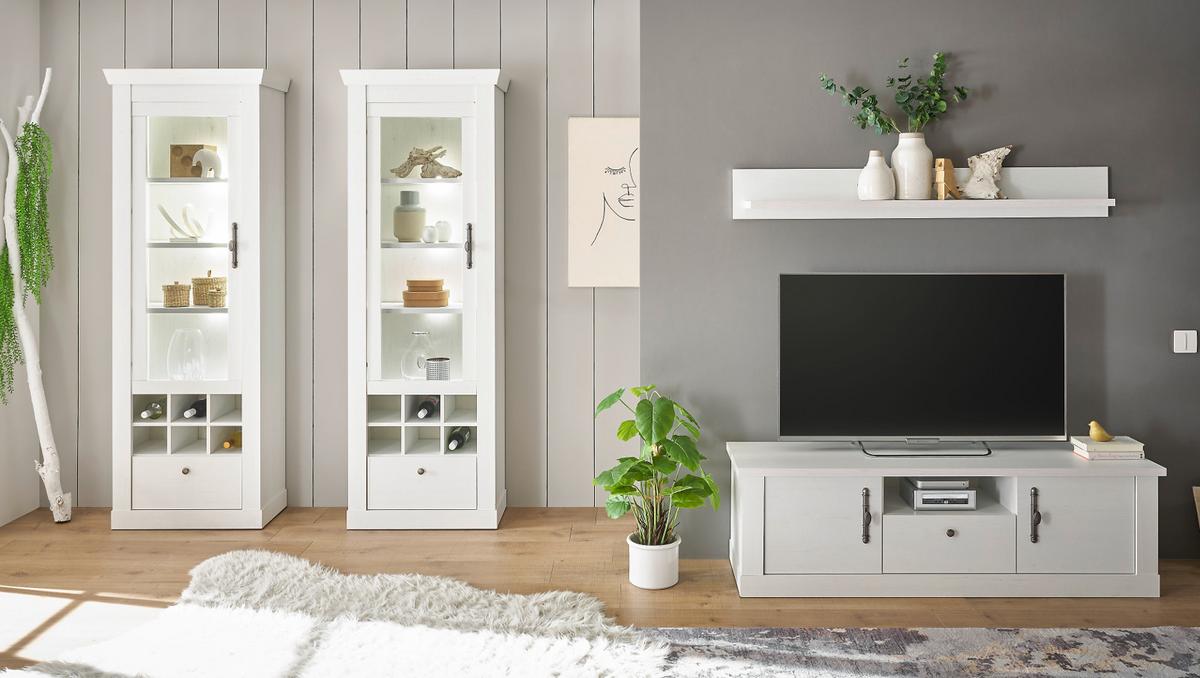 VITRINE weiß Pinie Landhaus, Vitrinenschrank 70 x 201 cm, Soft-Close-Funktion - Weiß, Holzwerkstoff/Kunststoff (72/201/38cm) - Furn.Design