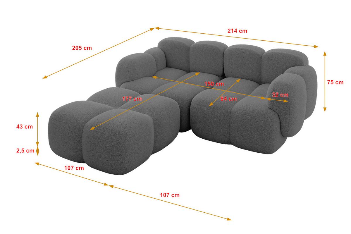 ECKSOFA modulares Sofa Links Miko-L1 214x205x75 Grau Bouclé - Chromfarben/Schwarz, Holzwerkstoff/Kunststoff (214/205cm) - ALTDECOR