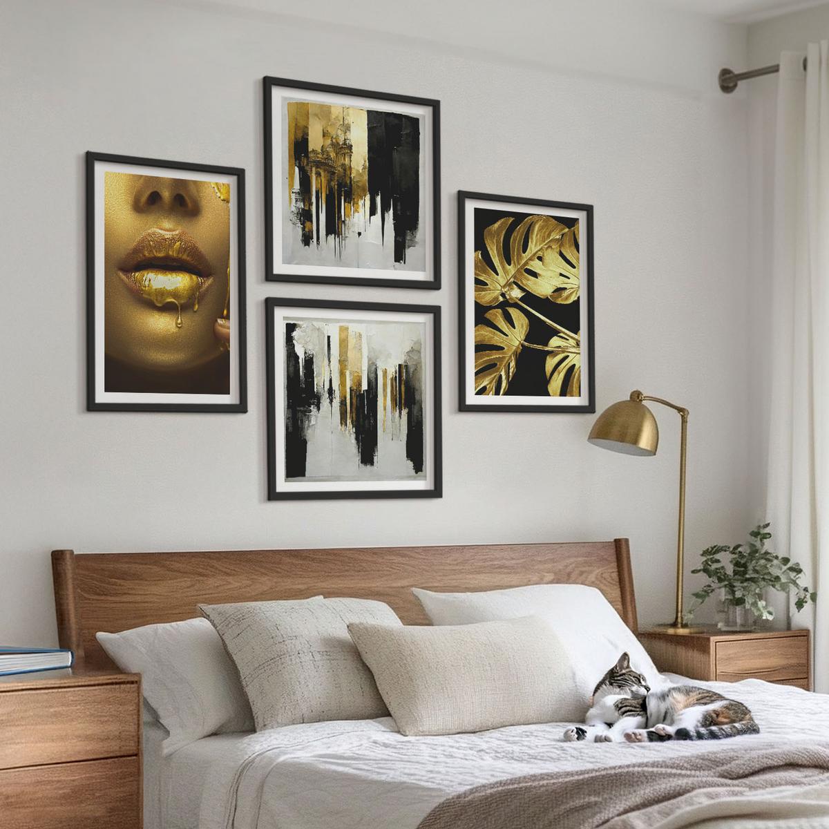 BILDER SET 4er Set - 50x50 cm & 40x60 cm Schwarzer Rahmen - Abstrakte Blattmalerei - Schwarz, Kunststoff (50/50cm) - TULUP