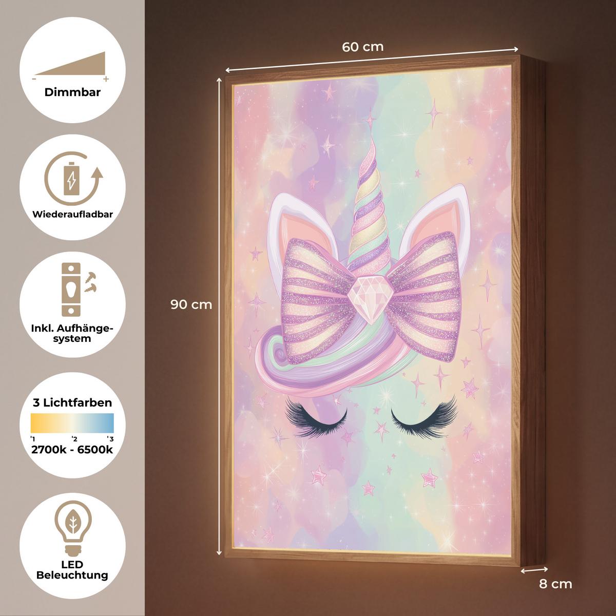 NACHTTISCHLAMPE MIT AKKU Einhorn - Glitzer - Regenbogen - Pastell 60x90 cm - Hellrosa, Holzwerkstoff (8/60/90cm) - OnlyWow