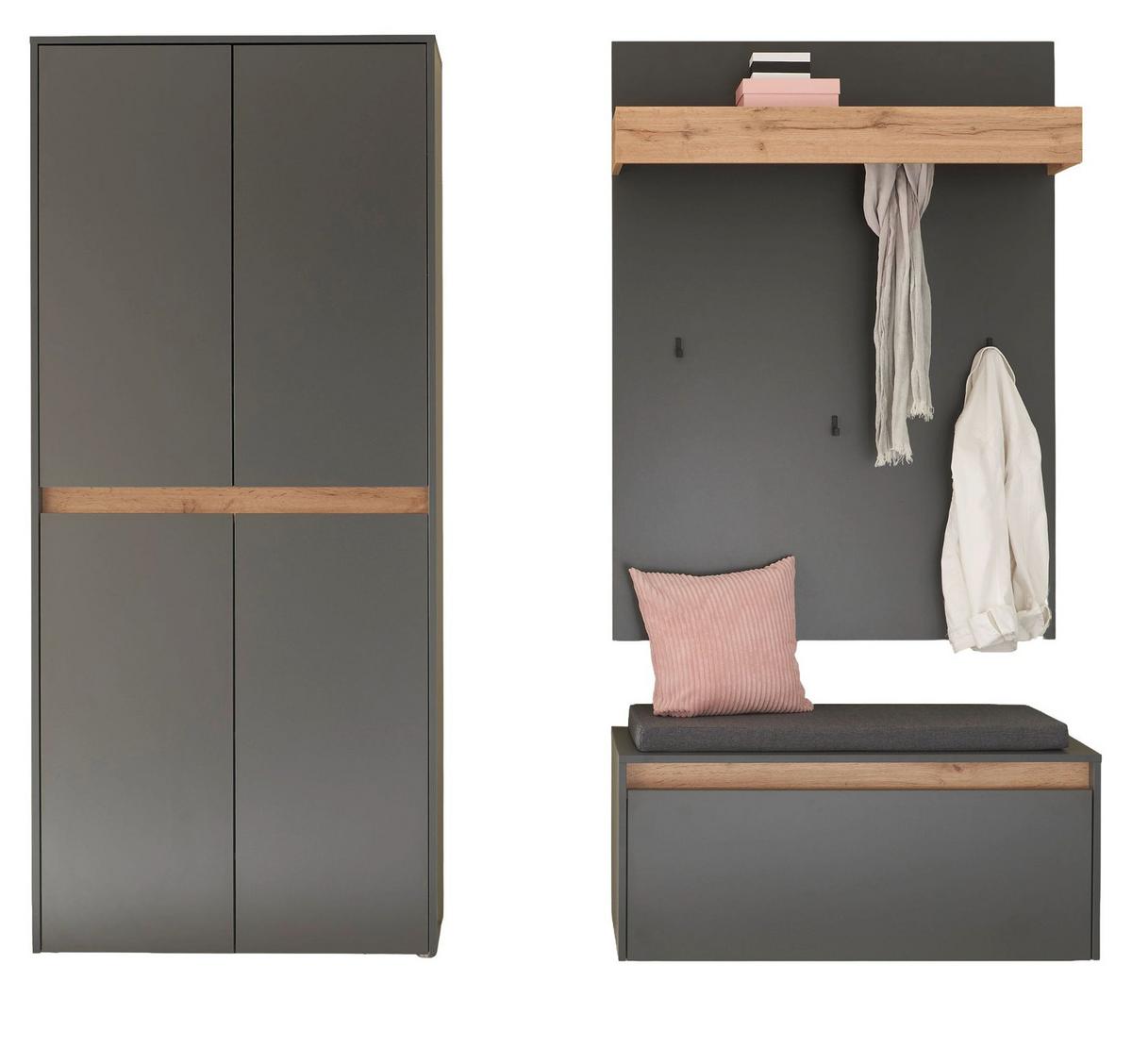 GARDEROBEN-SET grau matt, Eiche Wotan 195 cm 4-teilig, Flurgarderobe mit viel Stauraum - Eiche Wotan/Schwarz, Holzwerkstoff/Kunststoff (195/200/40cm) - Furn.Design