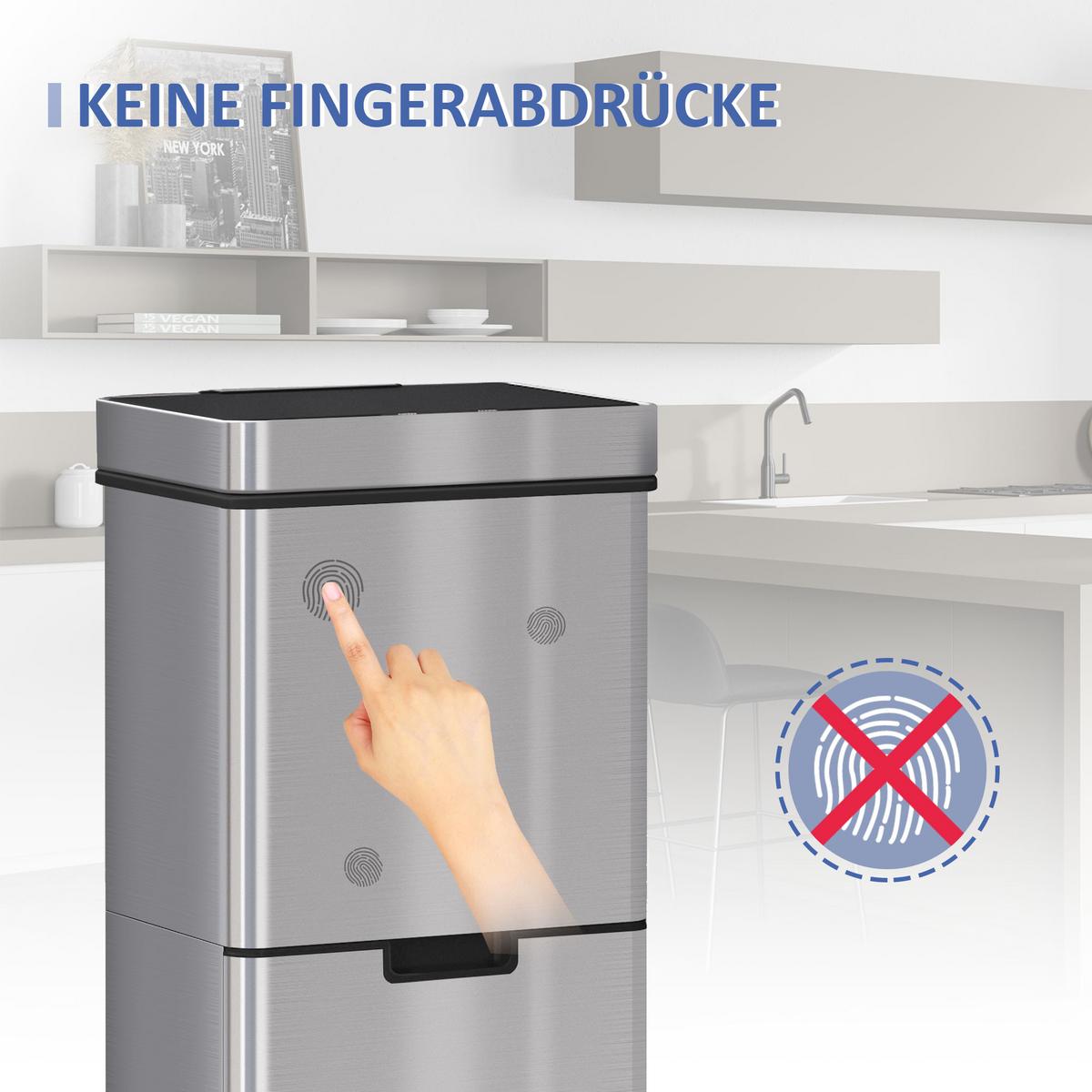 MÜLLEIMER Mülltrennsystem Abfalleimer mit Sensor 72 l 3 Fächer Edelstahl Silber - Silberfarben, Metall (30/81/42cm) - HOMCOM