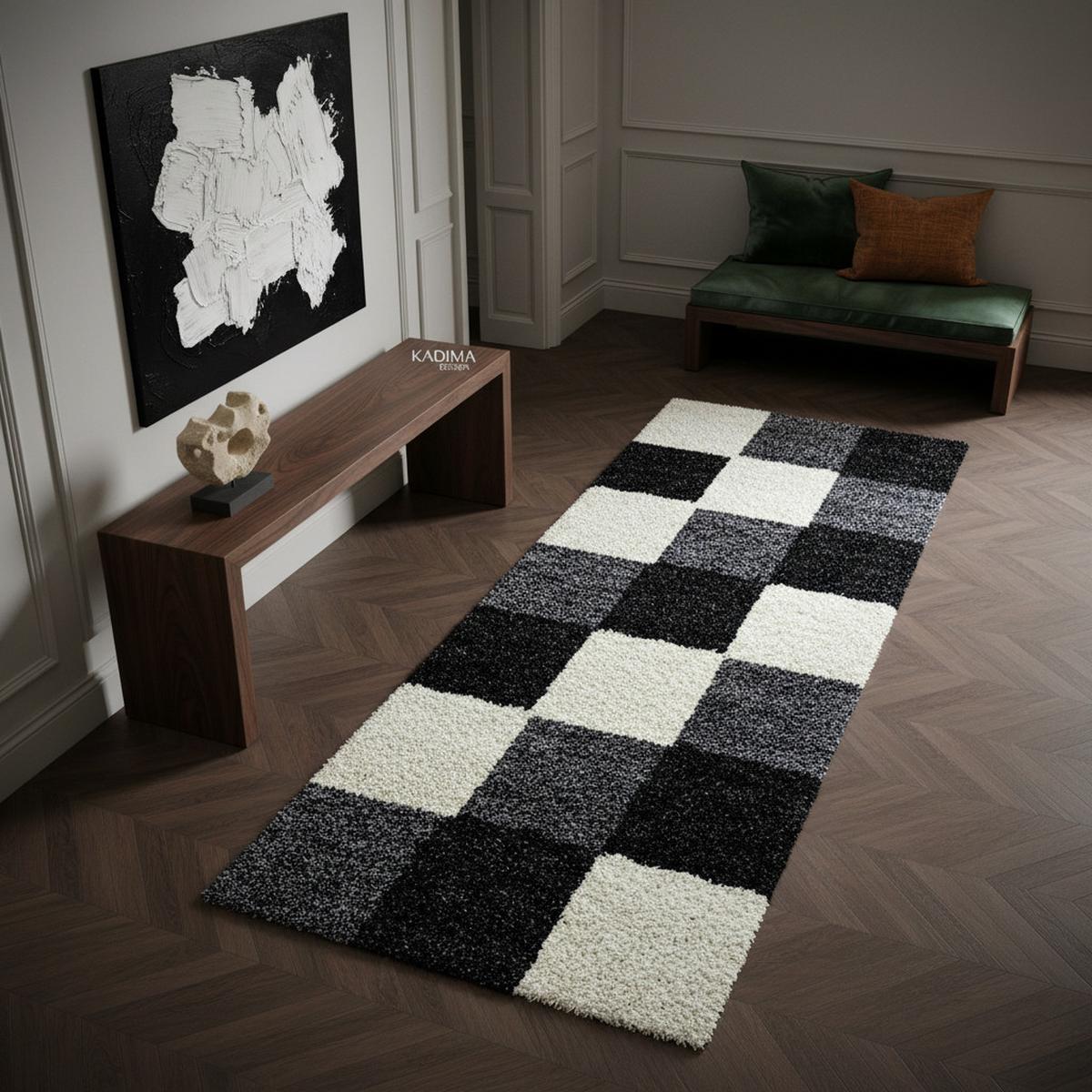 HOCHFLORTEPPICH RHEIN, kariert, Schwarz, 80 x 250 cm - Schwarz, Textil (250/80cm) - KADIMA DESIGN