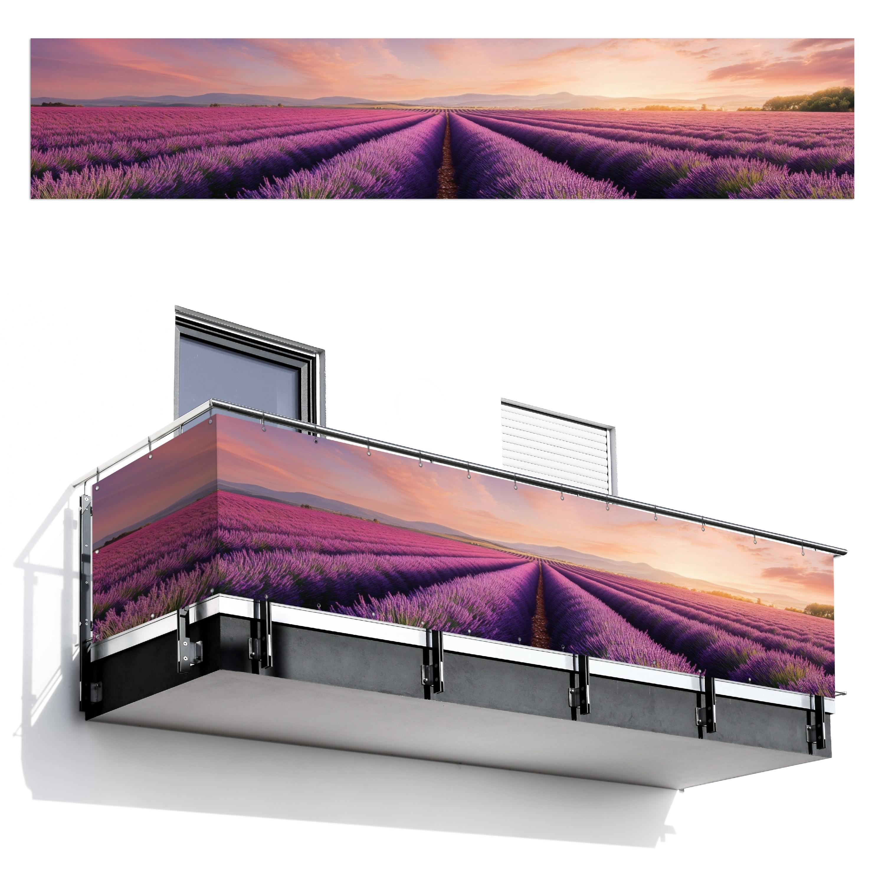 BALKON-SICHTSCHUTZ Lavendelfeld - Sonnenuntergang - Lila - Blumen Deko XXL 500x100 cm - Violett, Kunststoff (500/100cm) - MuchoWow