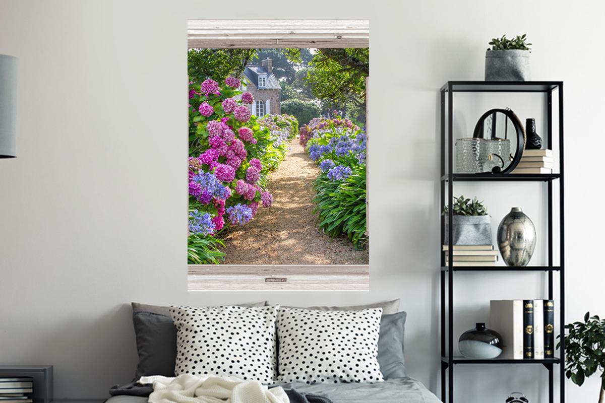 WANDTATTOO Hortensie - Durchsichtig - Blumen - Sommer - Lila - Weg Wandaufkleber 80x120 cm - Lila, Kunststoff (80/120/0.1cm) - MuchoWow