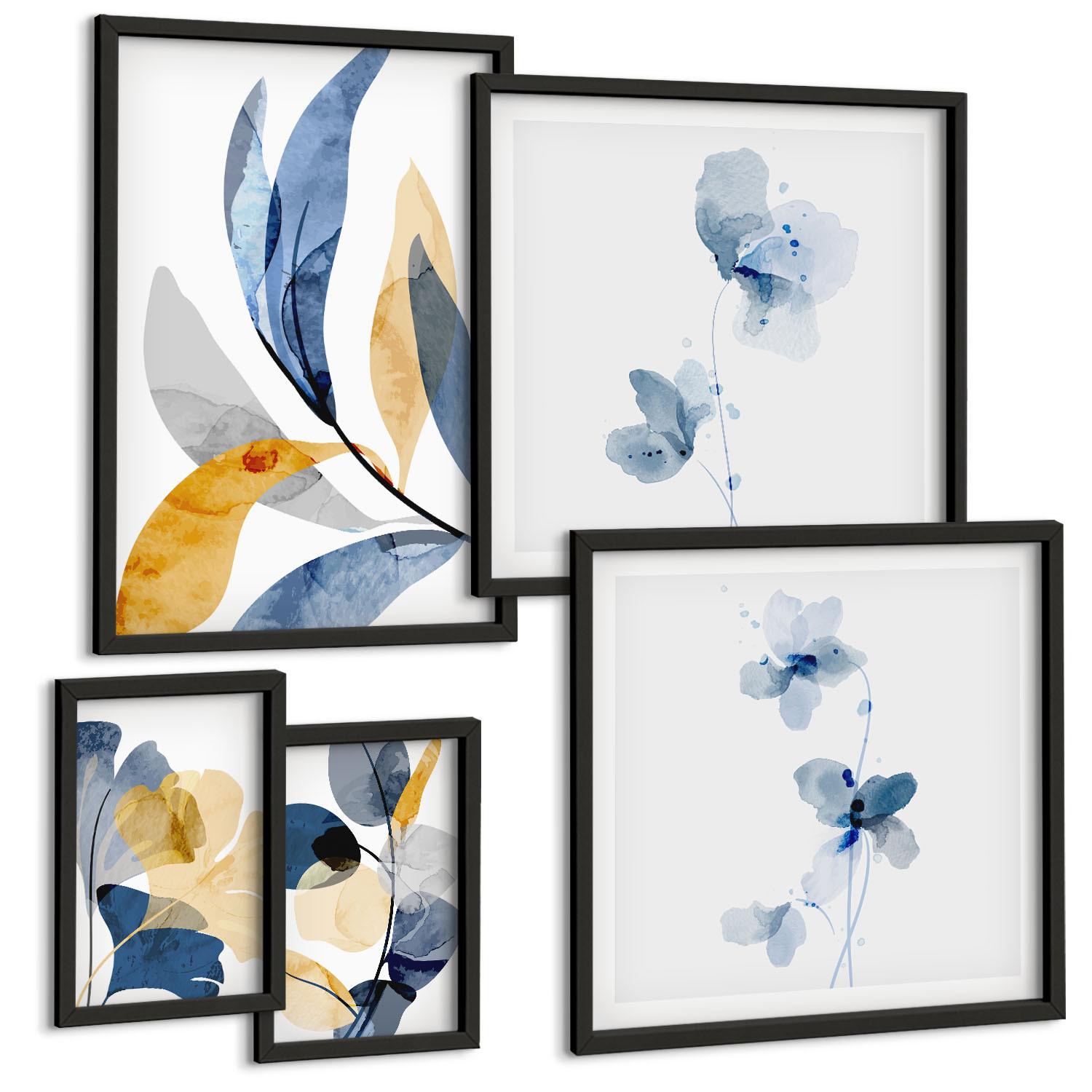 BILDER SET 5er Set - 50x50 cm & 20x30 cm & 40x60 cm Schwarzer Rahmen - Aquarell-Pflanzenmotive - Schwarz, Kunststoff (40/60cm) - TULUP