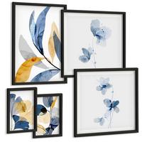 BILDER SET 5er Set - 50x50 cm & 20x30 cm & 40x60 cm Schwarzer Rahmen - Aquarell-Pflanzenmotive - Schwarz, Kunststoff (40/60cm) - TULUP