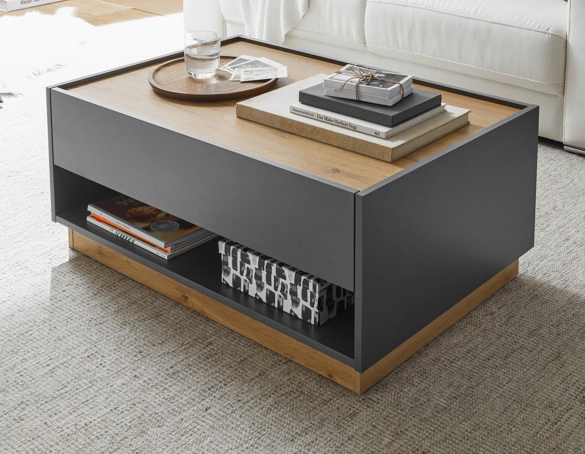 COUCHTISCH grau matt, Eiche Wotan 90 x 60 cm, Wohnzimmertisch mit Stauraum - Eiche Wotan/Grau, Holzwerkstoff/Metall (90/60/38cm) - Furn.Design